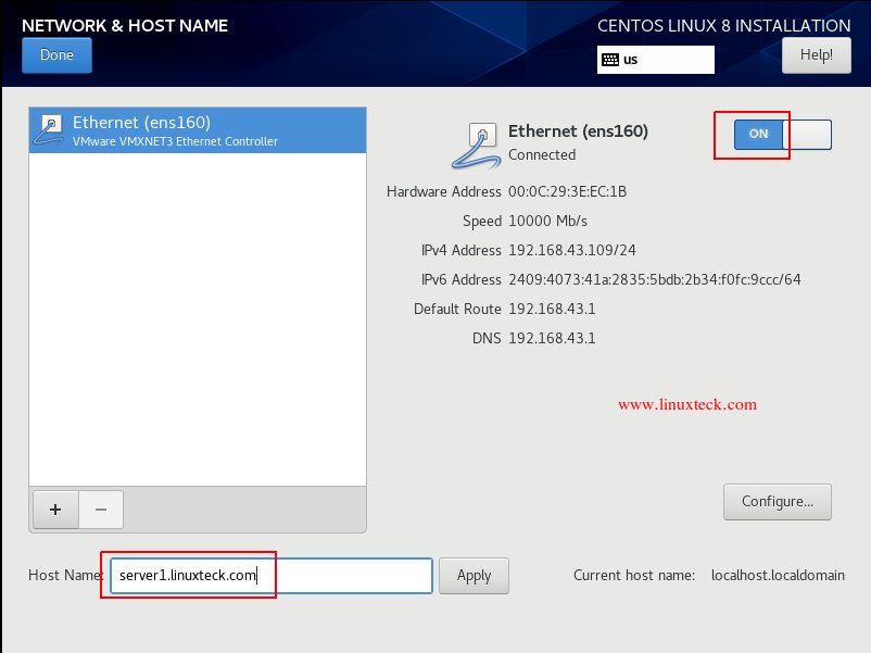 Enable network and host name on CentOS 8