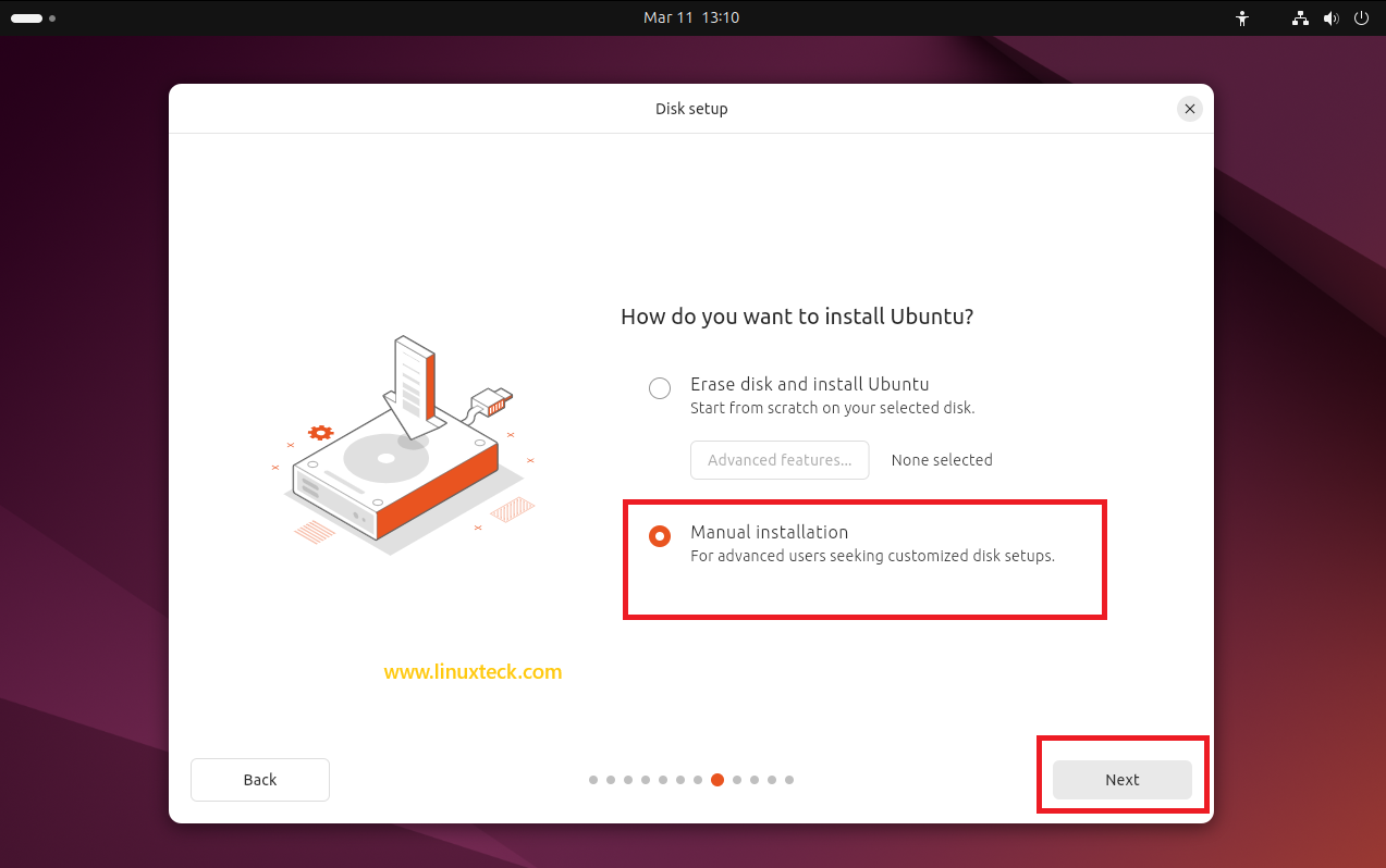 9 Steps to Install Ubuntu 24.04 LTS - Complete Guide With Screenshots (2026) 42 Disk setup screen Ubuntu 24.04 LTS — Erase disk or Manual installation — LinuxTeck