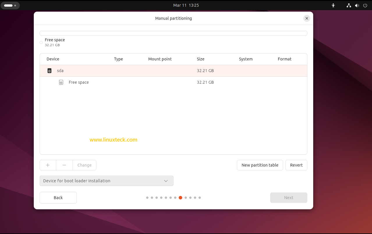 9 Steps to Install Ubuntu 24.04 LTS - Complete Guide With Screenshots (2026) 43 Manual partitioning screen Ubuntu 24.04 LTS — new partition table — LinuxTeck