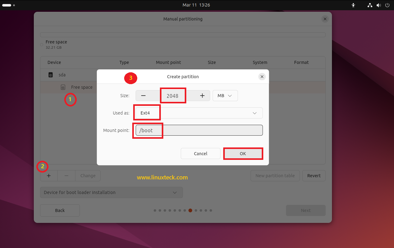 9 Steps to Install Ubuntu 24.04 LTS - Complete Guide With Screenshots (2026) 44 Creating /boot partition 2048MB Ext4 Ubuntu 24.04 manual partitioning — LinuxTeck