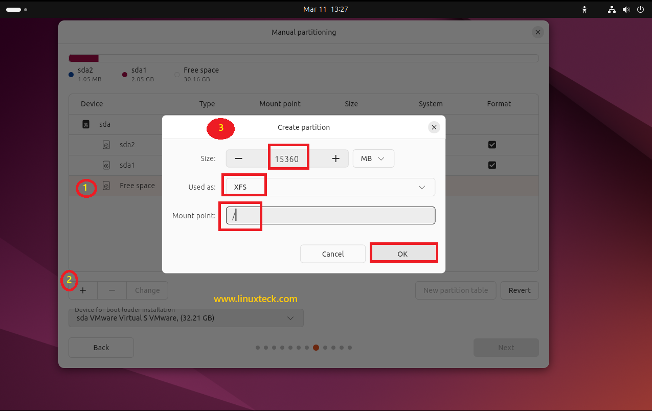 9 Steps to Install Ubuntu 24.04 LTS - Complete Guide With Screenshots (2026) 45 Creating root partition / 15360MB XFS Ubuntu 24.04 manual partitioning — LinuxTeck