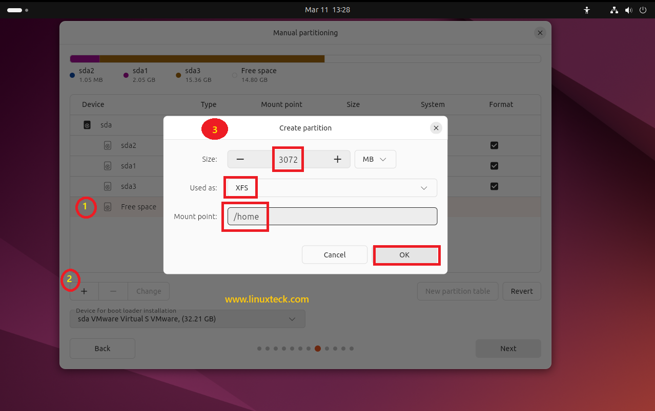 9 Steps to Install Ubuntu 24.04 LTS - Complete Guide With Screenshots (2026) 46 Creating /home partition 3072MB XFS Ubuntu 24.04 manual partitioning — LinuxTeck