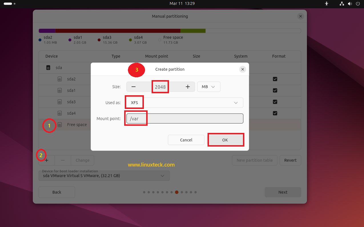 9 Steps to Install Ubuntu 24.04 LTS - Complete Guide With Screenshots (2026) 47 Creating /var partition 2048MB XFS Ubuntu 24.04 manual partitioning — LinuxTeck
