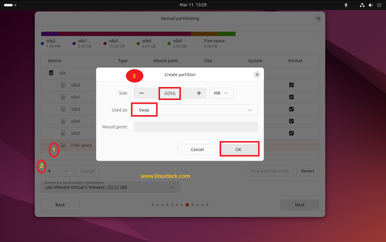 9 Steps to Install Ubuntu 24.04 LTS - Complete Guide With Screenshots (2026) 48 Creating swap partition 4096MB Ubuntu 24.04 manual partitioning — LinuxTeck