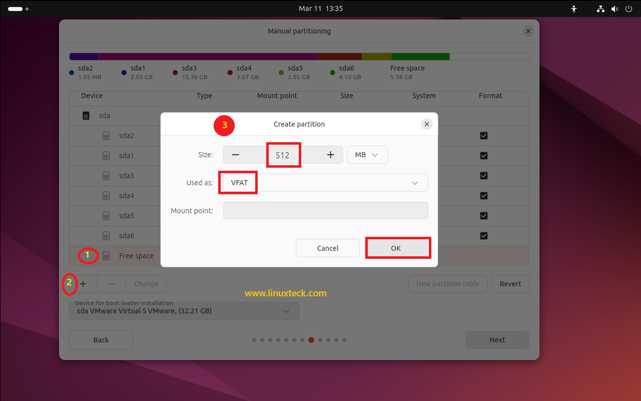 9 Steps to Install Ubuntu 24.04 LTS - Complete Guide With Screenshots (2026) 49 Creating EFI VFAT 512MB partition Ubuntu 24.04 UEFI manual partitioning — LinuxTeck
