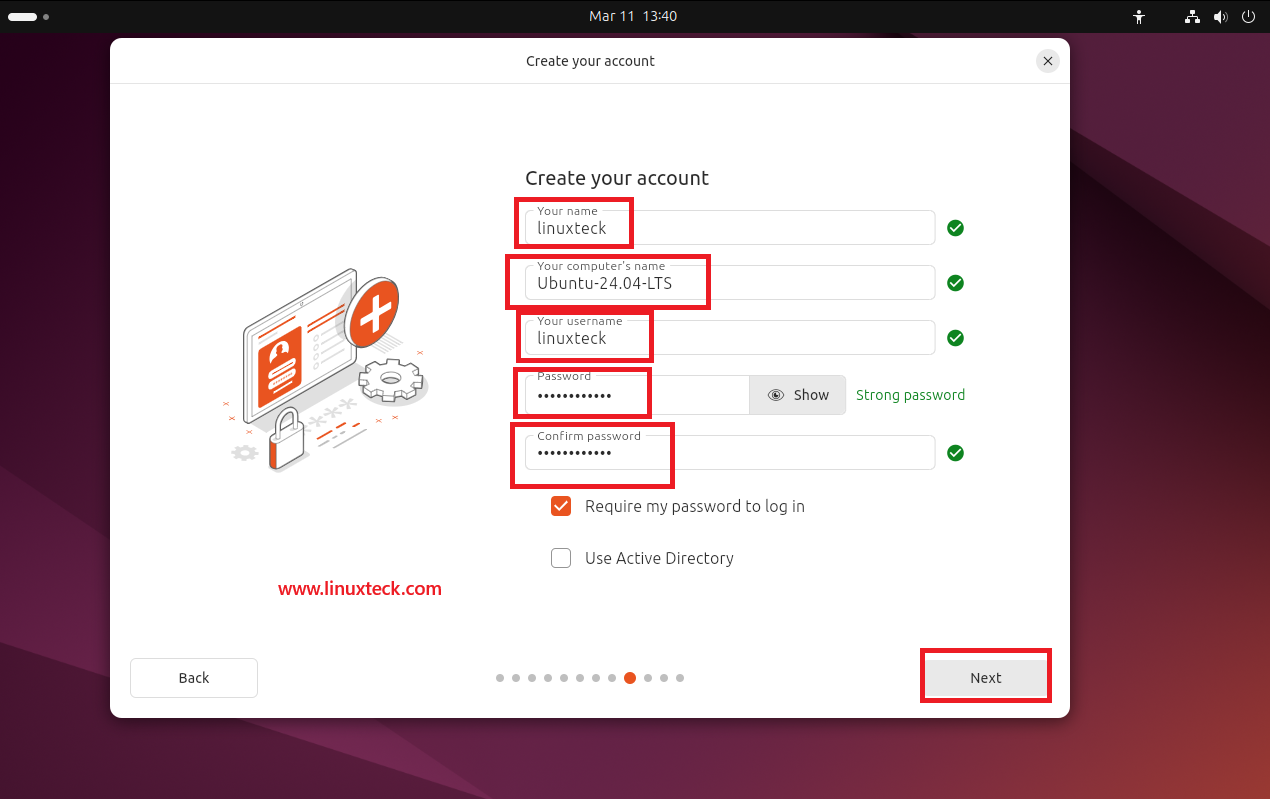 9 Steps to Install Ubuntu 24.04 LTS - Complete Guide With Screenshots (2026) 51 Create your account screen Ubuntu 24.04 LTS installer — LinuxTeck