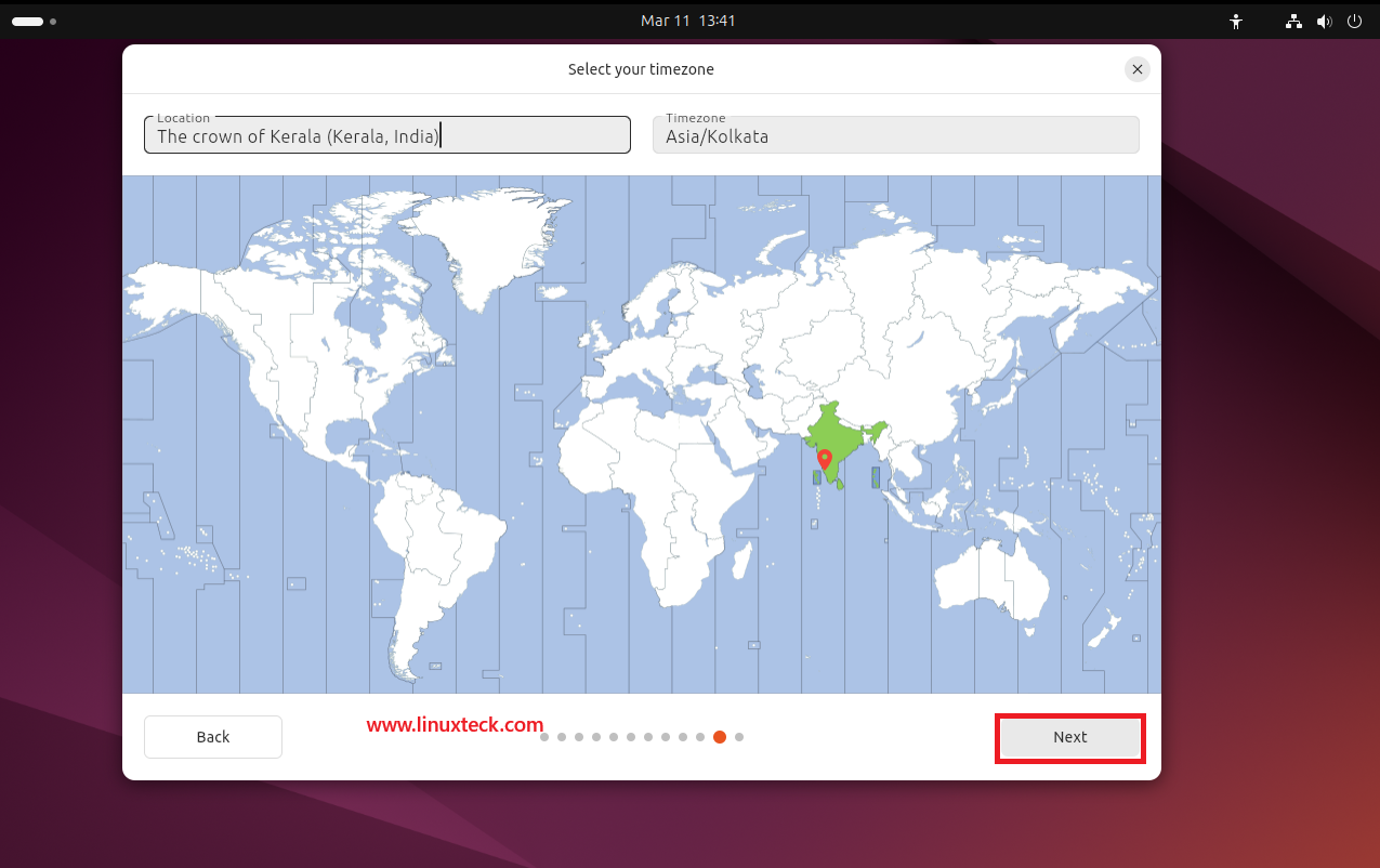 9 Steps to Install Ubuntu 24.04 LTS - Complete Guide With Screenshots (2026) 52 Select your timezone screen Ubuntu 24.04 LTS installer — LinuxTeck