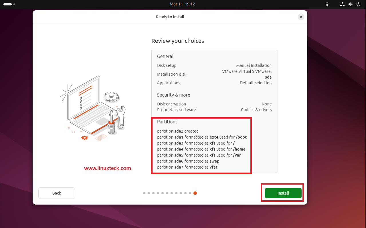 9 Steps to Install Ubuntu 24.04 LTS - Complete Guide With Screenshots (2026) 53 Ready to install — Review your choices screen Ubuntu 24.04 LTS — LinuxTeck