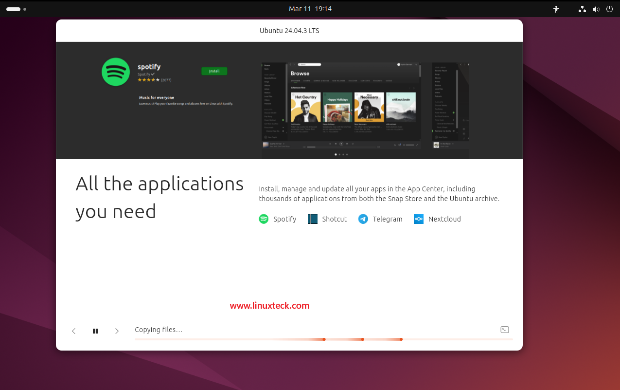 9 Steps to Install Ubuntu 24.04 LTS - Complete Guide With Screenshots (2026) 55 Ubuntu 24.04.3 LTS installation progress — App Center slide — LinuxTeck