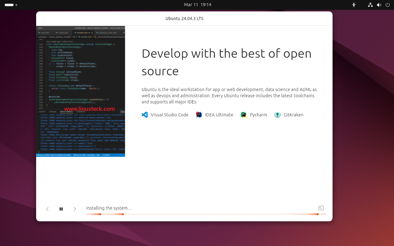 9 Steps to Install Ubuntu 24.04 LTS - Complete Guide With Screenshots (2026) 56 Ubuntu 24.04.3 LTS installation progress — developer tools slide — LinuxTeck