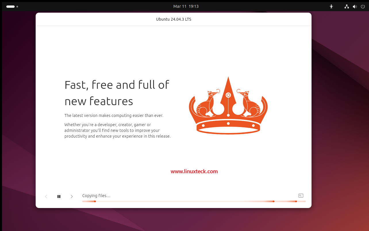 9 Steps to Install Ubuntu 24.04 LTS - Complete Guide With Screenshots (2026) 54 Ubuntu 24.04.3 LTS installation progress — copying files — LinuxTec