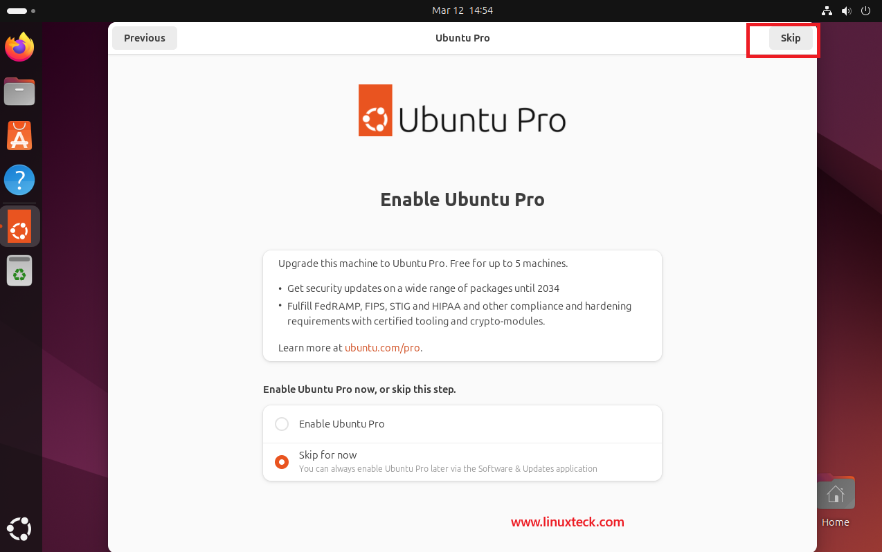9 Steps to Install Ubuntu 24.04 LTS - Complete Guide With Screenshots (2026) 60 Enable Ubuntu Pro screen first-login wizard Ubuntu 24.04 LTS — LinuxTeck
