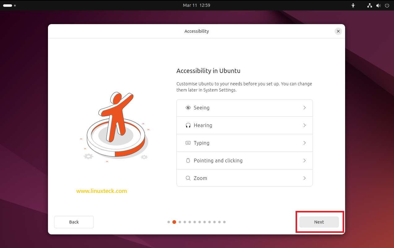9 Steps to Install Ubuntu 24.04 LTS - Complete Guide With Screenshots (2026) 35 Accessibility settings screen Ubuntu 24.04 LTS installer — LinuxTeck