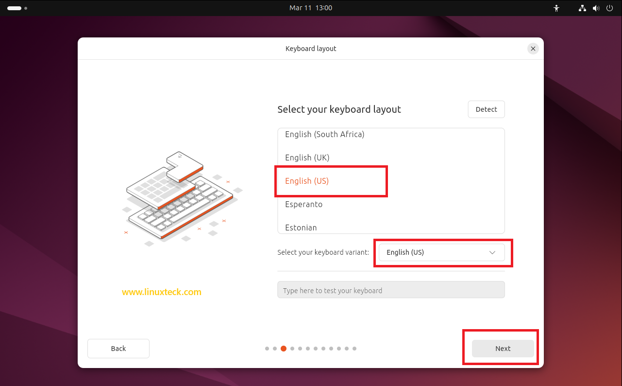 9 Steps to Install Ubuntu 24.04 LTS - Complete Guide With Screenshots (2026) 36 Keyboard layout selection screen Ubuntu 24.04 LTS installer — LinuxTeck