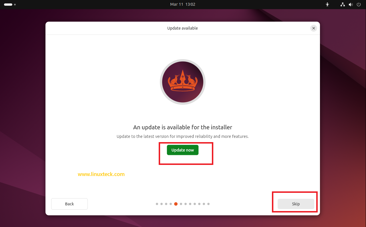 9 Steps to Install Ubuntu 24.04 LTS - Complete Guide With Screenshots (2026) 38 Ubuntu 24.04 LTS installer update available screen — LinuxTeck