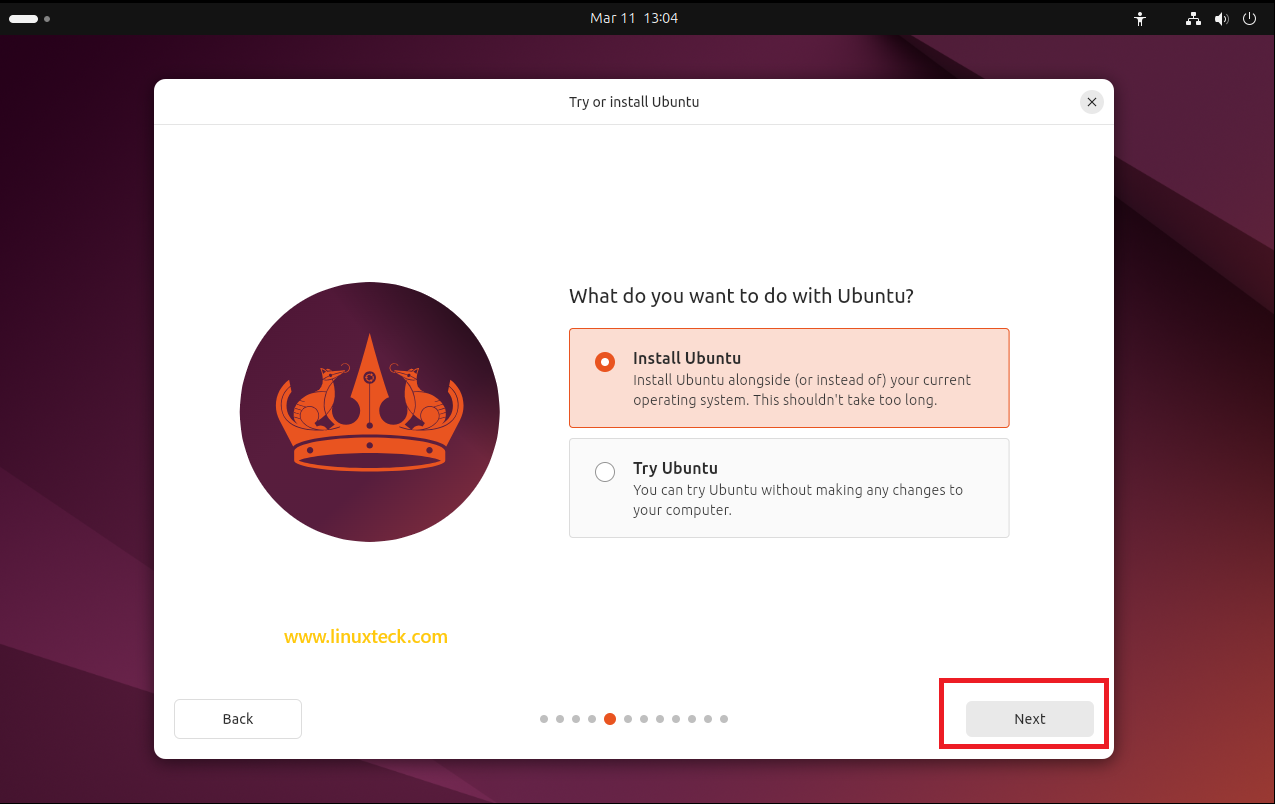 9 Steps to Install Ubuntu 24.04 LTS - Complete Guide With Screenshots (2026) 39 Try or Install Ubuntu screen Ubuntu 24.04 LTS installer — LinuxTeck