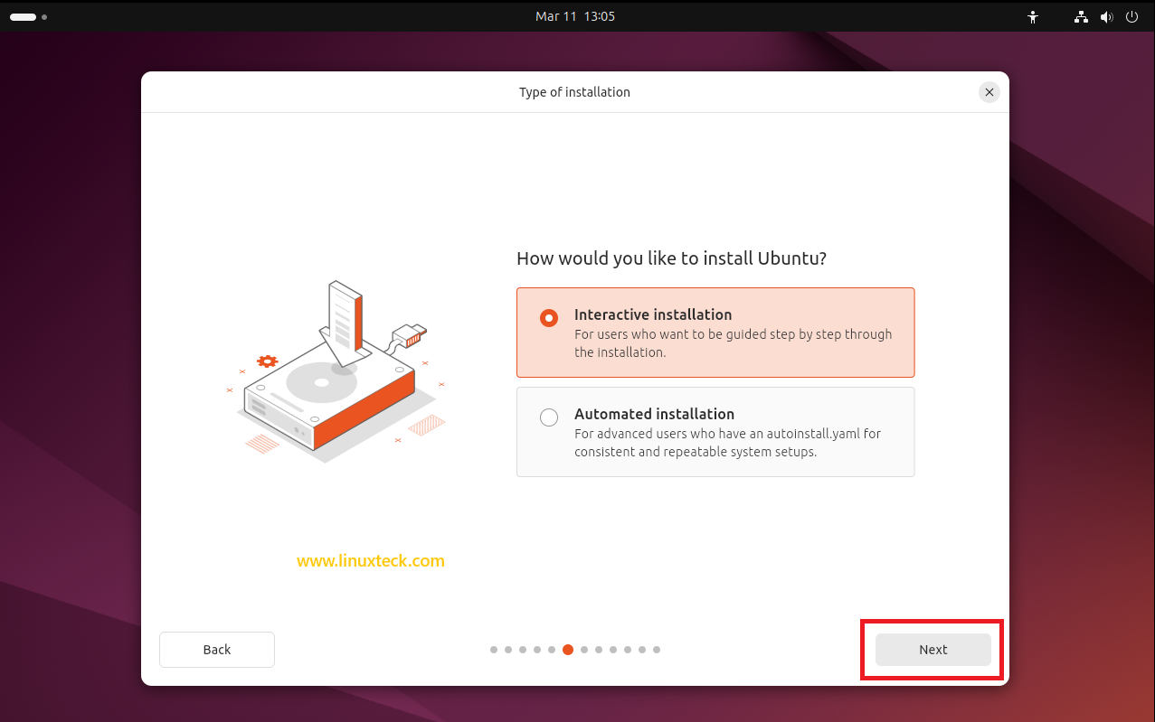 9 Steps to Install Ubuntu 24.04 LTS - Complete Guide With Screenshots (2026) 40 Type of installation screen Ubuntu 24.04 LTS — Interactive vs Automated — LinuxTeck