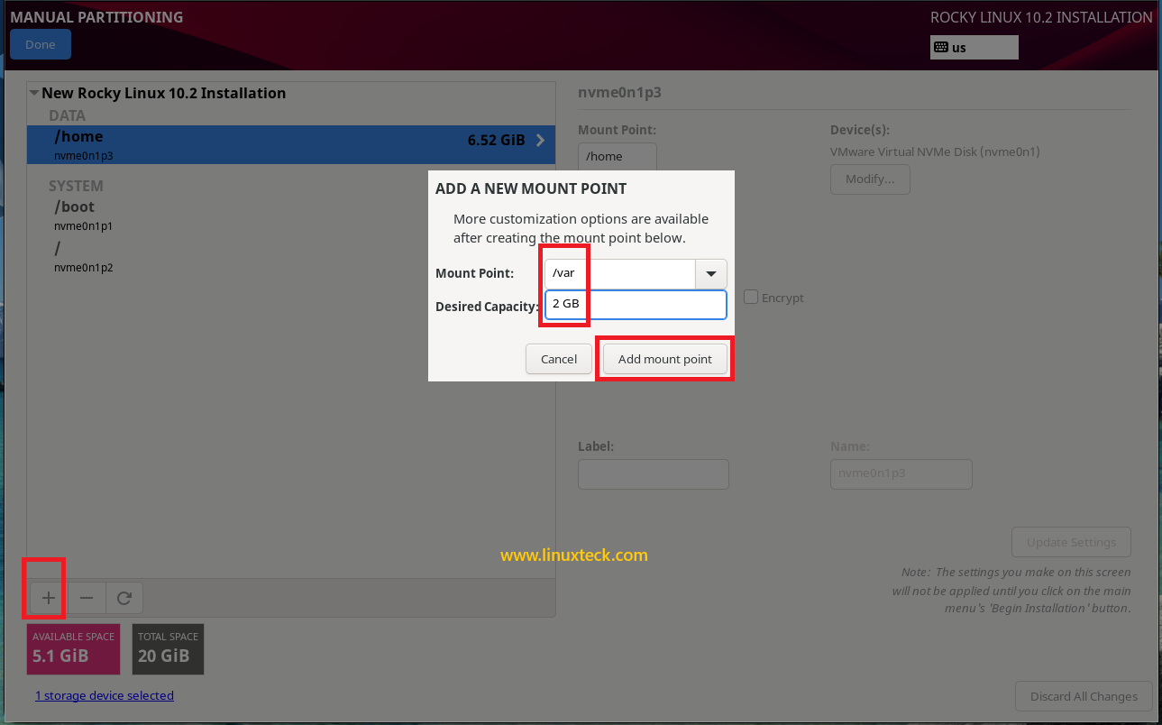 How to Install Rocky Linux 10.2 {Step by Step} with Screenshots 88 rocky-linux-10-2-var-partition-mount-point
