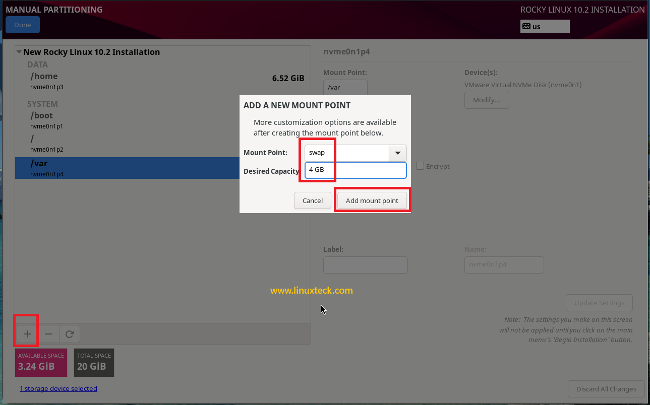 How to Install Rocky Linux 10.2 {Step by Step} with Screenshots 90 rocky-linux-10-2-swap-partition-mount-point