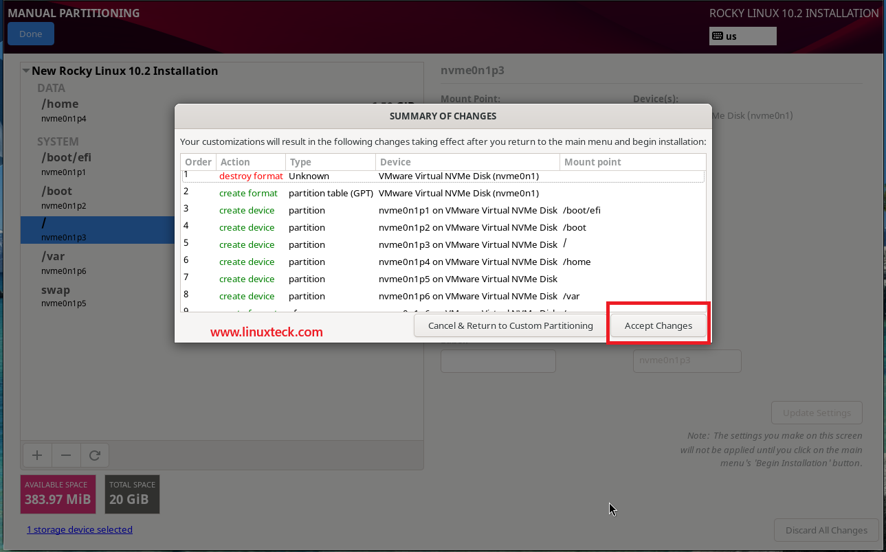 How to Install Rocky Linux 10.2 {Step by Step} with Screenshots 94 rocky-linux-10-2-partition-summary-accept-changes