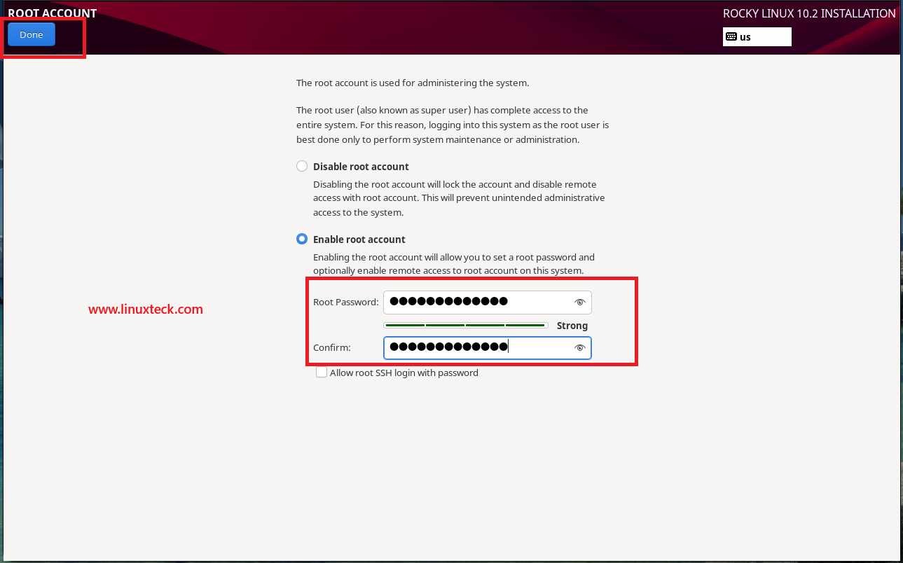 How to Install Rocky Linux 10.2 {Step by Step} with Screenshots 100 rocky-linux-10-2-enable-root-account-set-password