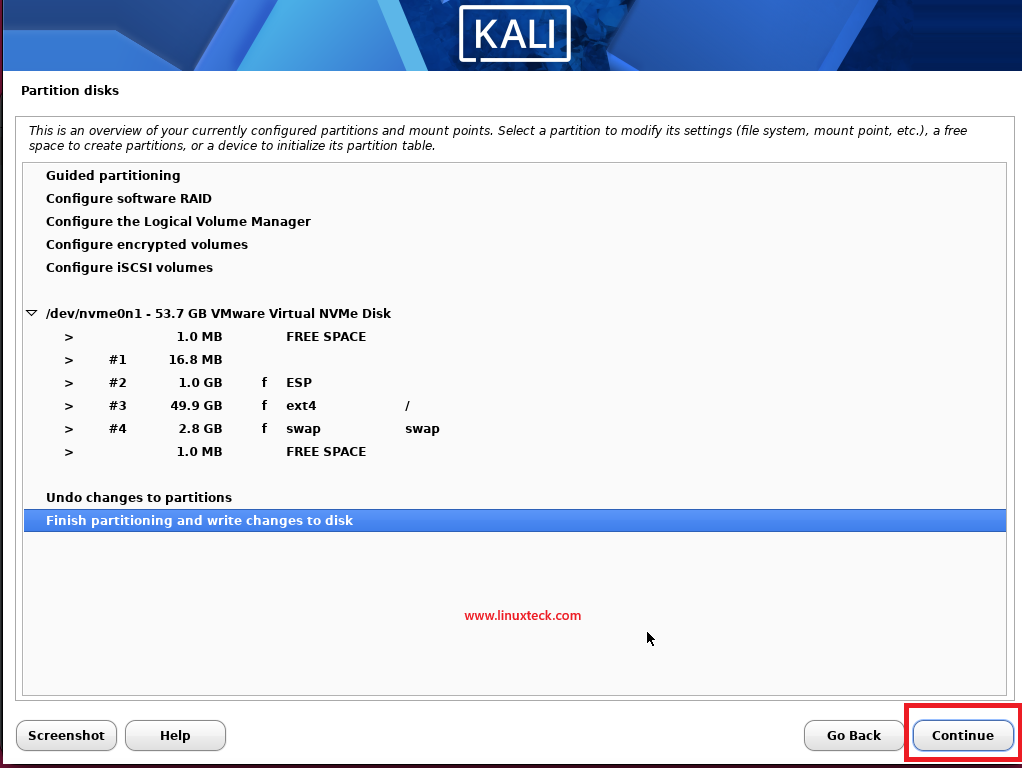 Install Kali Linux Step by Step Guide for Beginners 90 kali-Finish-disk-partitioning
