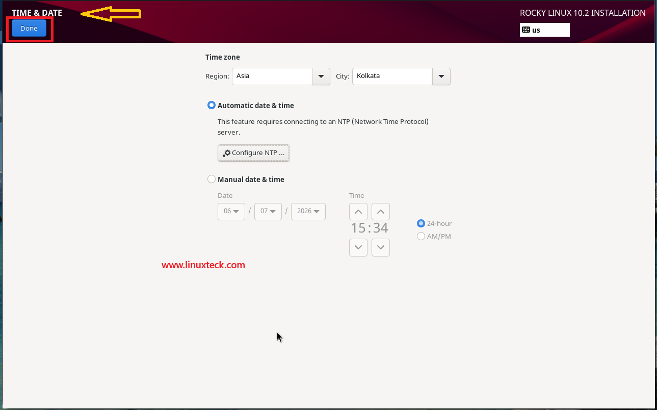 How to Install Rocky Linux 10.2 {Step by Step} with Screenshots 104 rocky-linux-10-2-time-date-setup