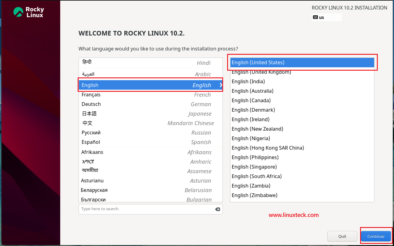 How to Install Rocky Linux 10.2 {Step by Step} with Screenshots 70 rocky-linux-10-2-anaconda-language-selection-screen