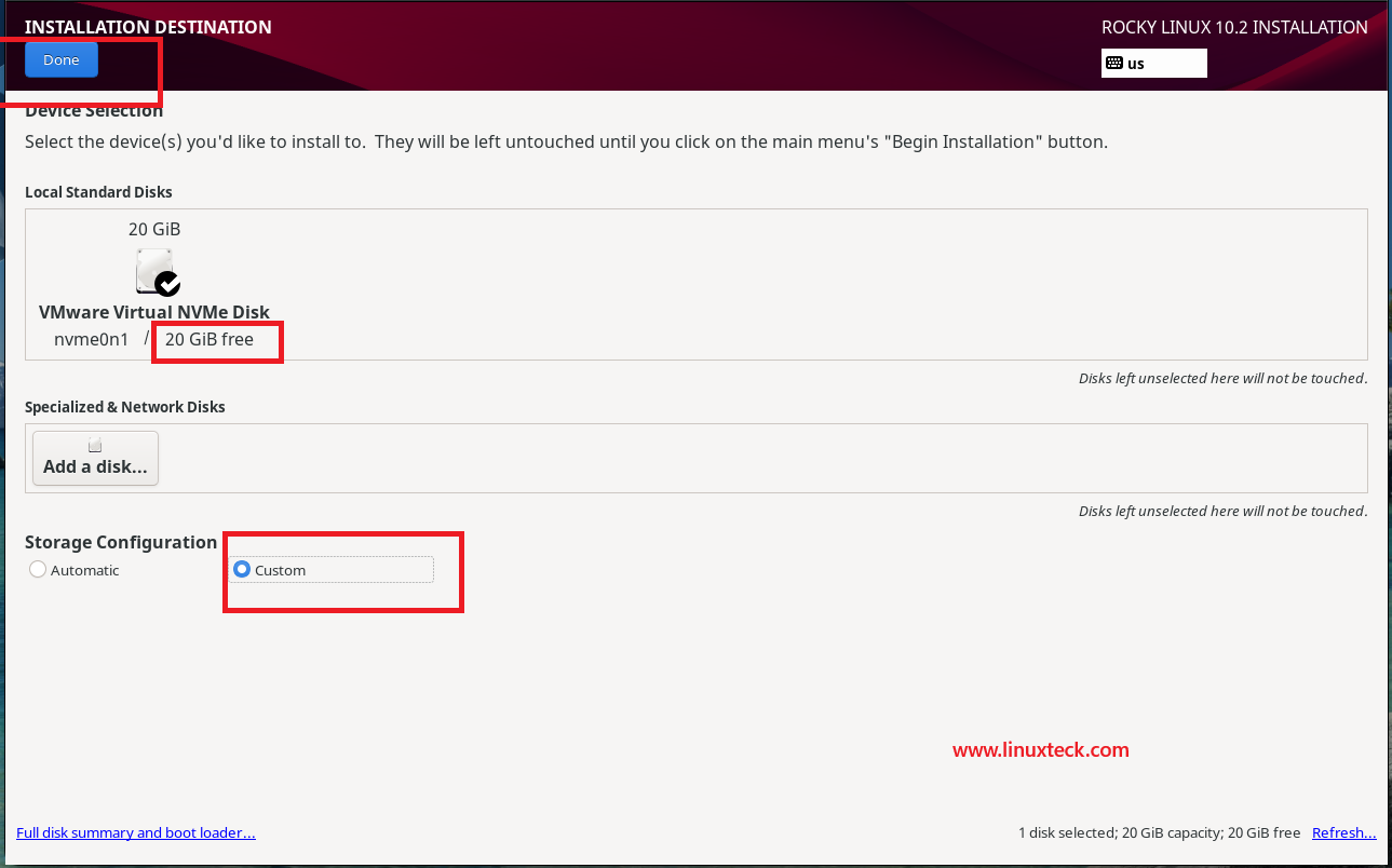 How to Install Rocky Linux 10.2 {Step by Step} with Screenshots 74 rocky-linux-10-2-installation-destination-disk-partitioning