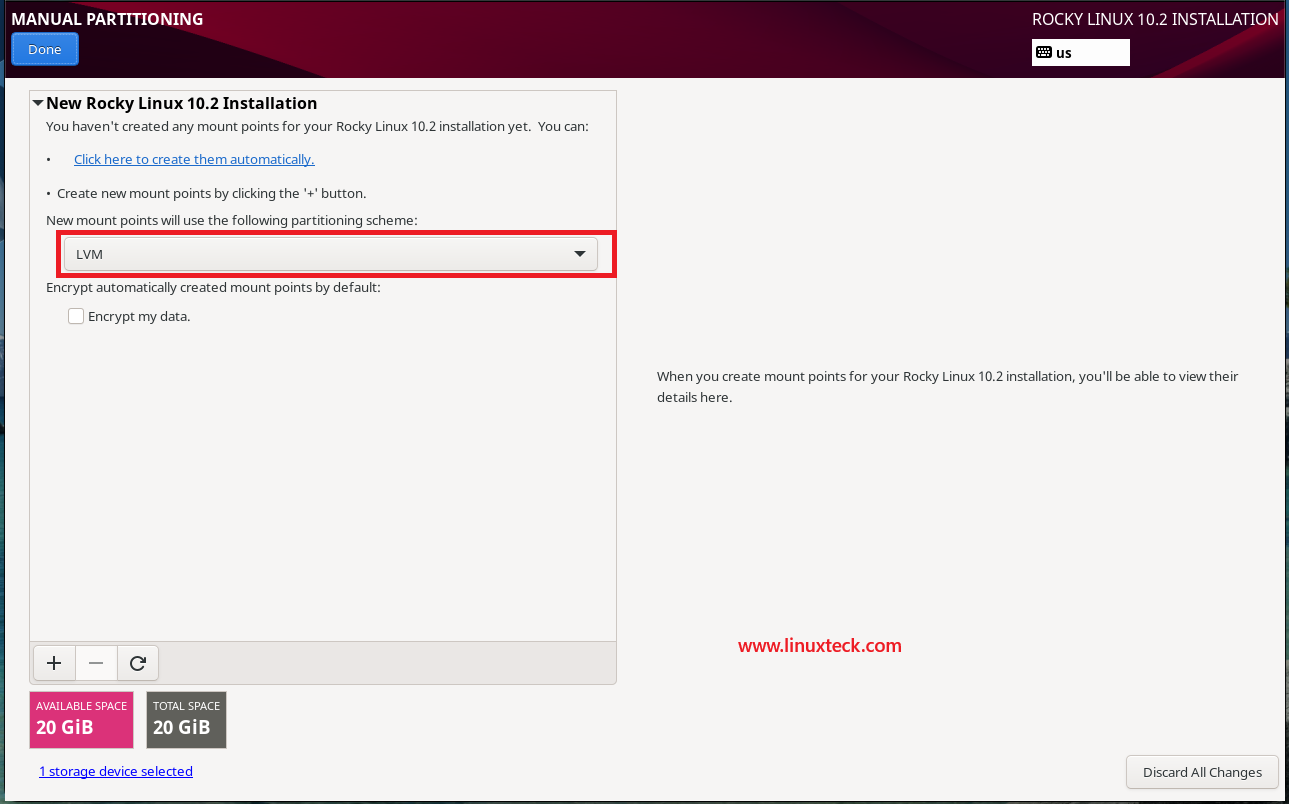 How to Install Rocky Linux 10.2 {Step by Step} with Screenshots 76 rocky-linux-10-2-manual-partitioning-scheme-selection