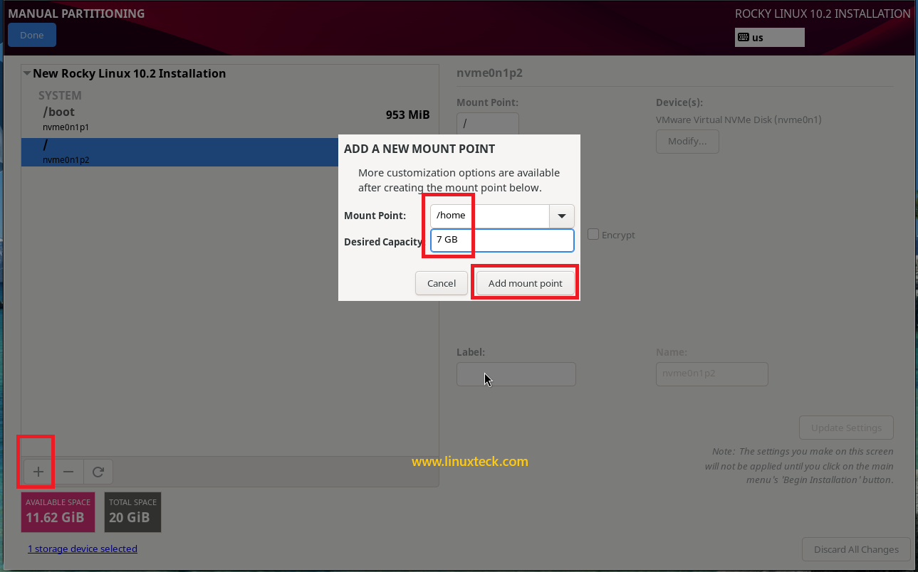 How to Install Rocky Linux 10.2 {Step by Step} with Screenshots 86 rocky-linux-10-2-home-partition-mount-point