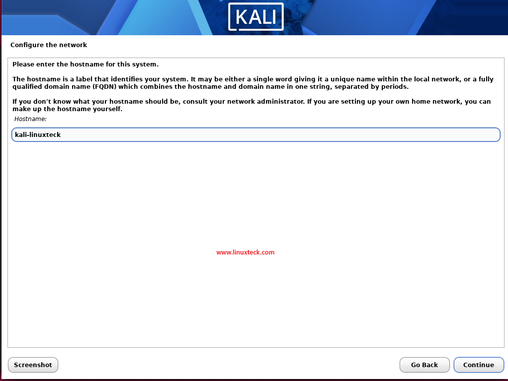 Install Kali Linux Step by Step Guide for Beginners 74 kali-hostname for your system