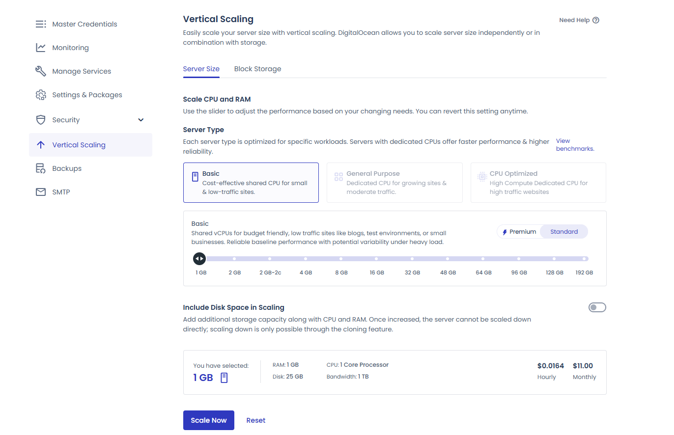 Cloudways Review 2026: Is It Worth It? 9 Cloudways vertical scaling panel showing RAM and CPU slider for an existing server