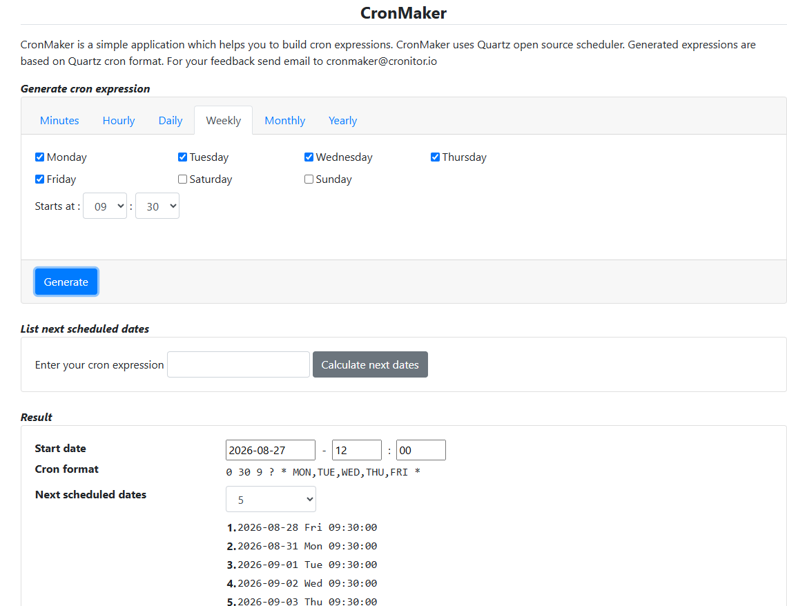 Best Online Cron Job Tools for Linux 12 CronMaker dropdown-based schedule builder showing generated cron and Quartz expressions