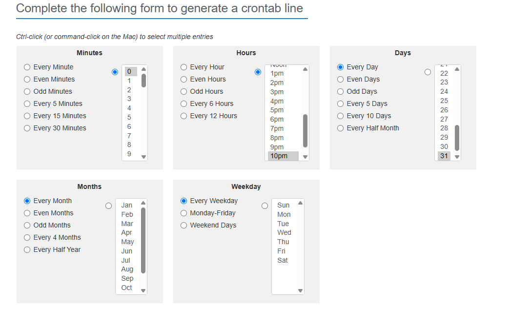 Best Online Cron Job Tools for Linux 13 Crontab Generator web interface showing multi-select fields for minutes, hours, and days