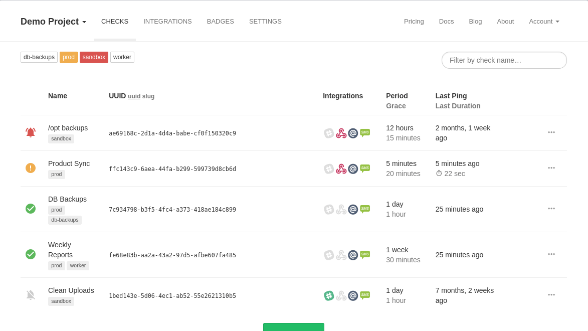 Best Online Cron Job Tools for Linux 14 Healthchecks.io cloud dashboard showing a list of cron job checks with last-ping status