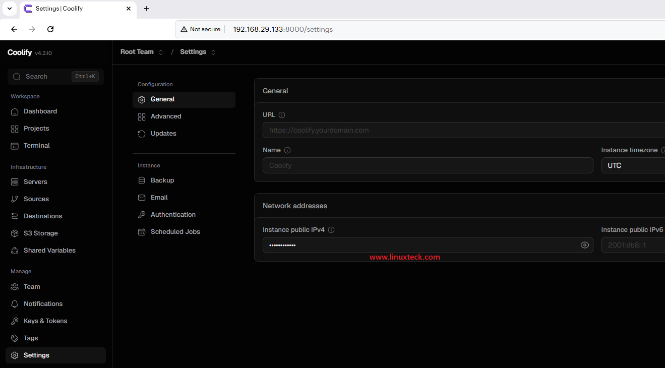How to Install Coolify on Any VPS: A Step-by-Step Guide 9 Coolify Settings page showing instance configuration and network settings