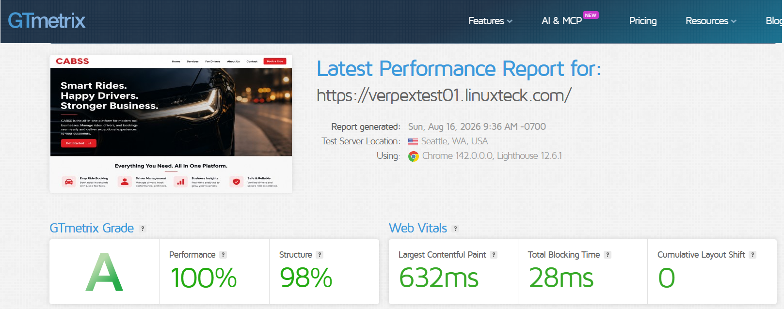 Verpex Review 2026: What You Need to Know 12 GTmetrix result for verpextest01.linuxteck.com showing an A grade, 100% Performance, 98% Structure