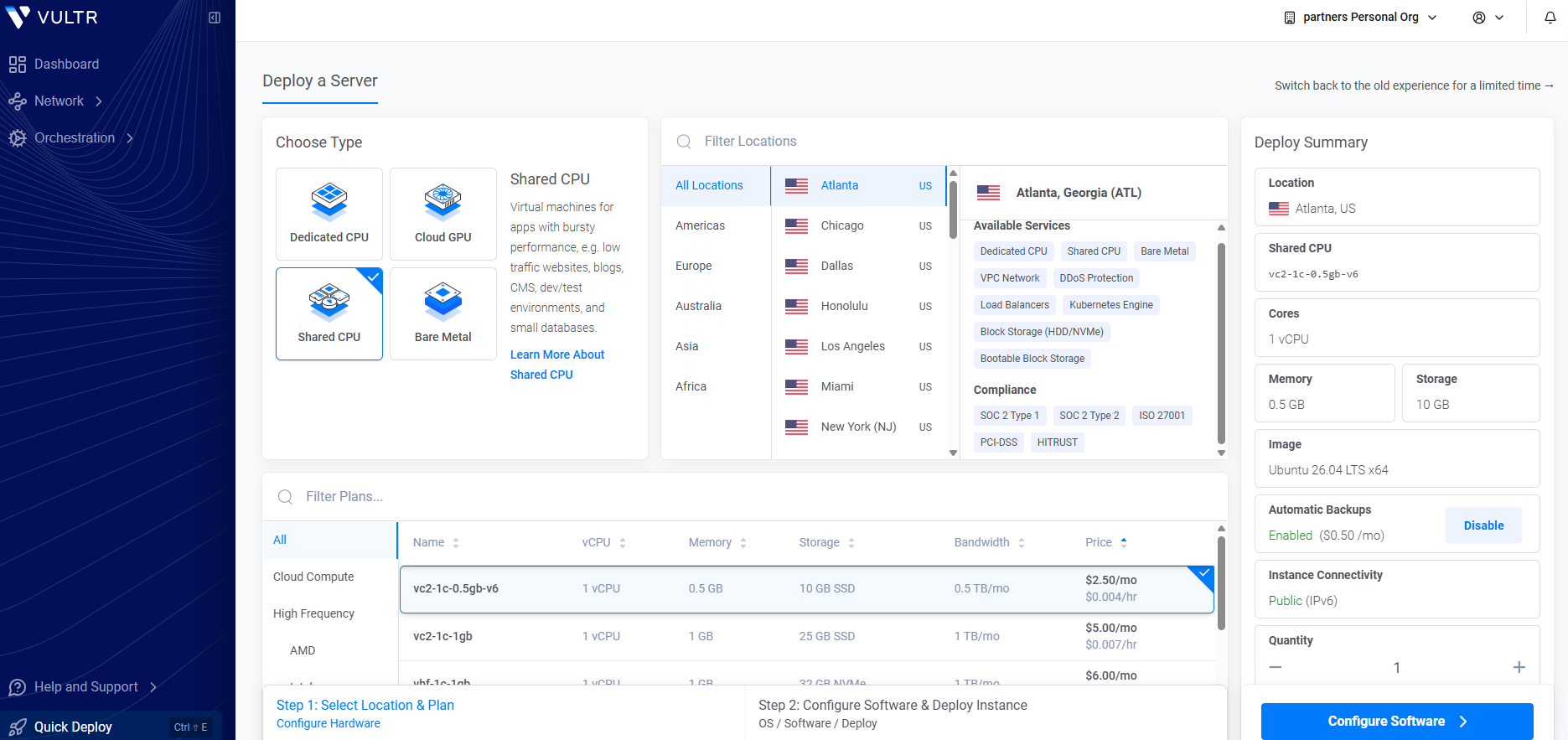 Vultr Review 2026: Is It the Best Cloud VPS? 6 Vultr Deploy a Server dashboard showing the Shared CPU plan, OS version, server location selection, and deployment summary