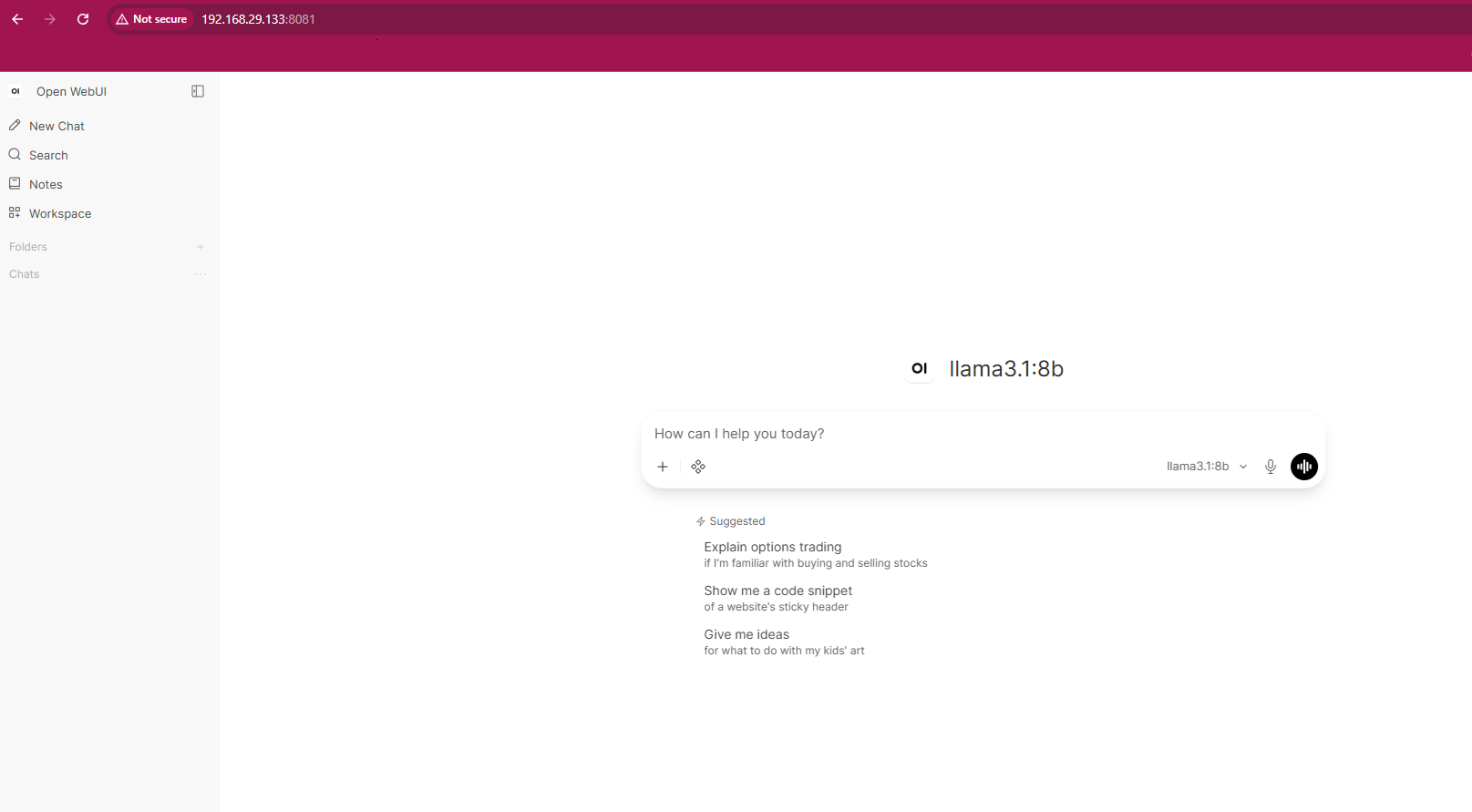 Open WebUI chat interface connected to a local Ollama server
